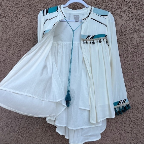 Chico's Open Front Blouse White Double Layer Beaded Sheer Boho Women Size Small - Picture 3 of 12